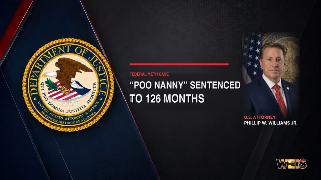 Poo Nanny federal meth sentence header with a DOJ seal and U.S. Attorney Phillip W. Williams Jr. clearly identified