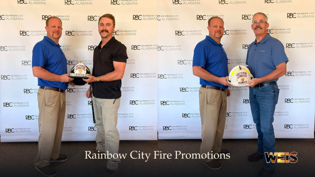 Rainbow City Fire Department promotion photos showing helmet presentations for Luke Palacios and Jeremy Hawkins.