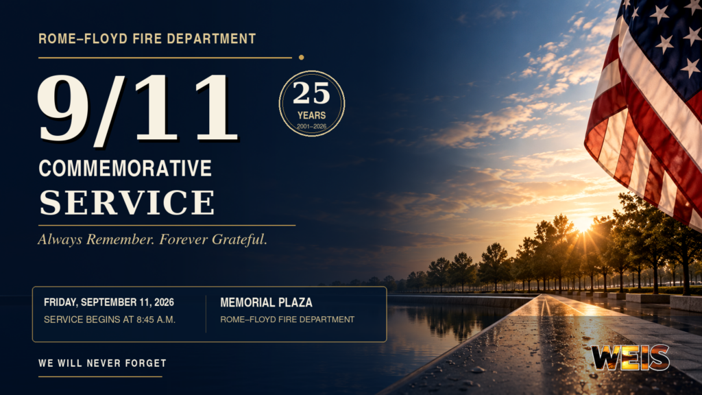 Rome-Floyd Fire Department 9/11 service header featuring an American flag and the 25th anniversary event details