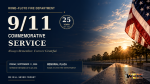 Rome-Floyd Fire Department 9/11 service header featuring an American flag and the 25th anniversary event details