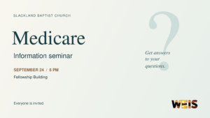 Slackland Medicare information seminar header with teal lettering, a question mark, and the WEIS logo.