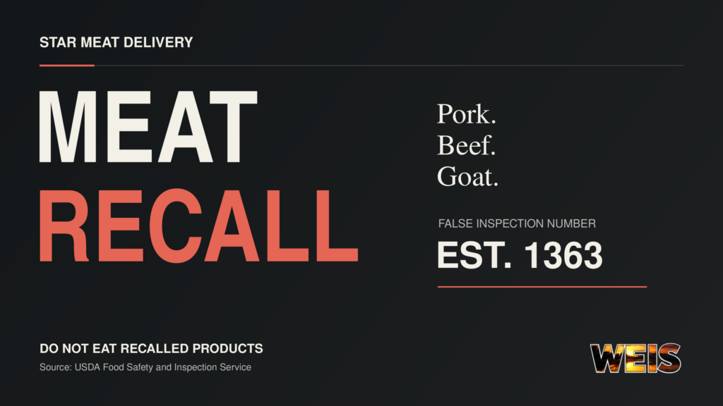 Star Meat Delivery recall graphic identifying pork, beef, goat, and false inspection number EST. 1363.