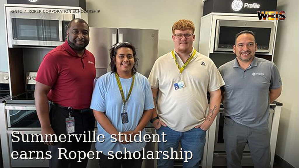 Roper Corporation Scholarship recipients Andres “Chuey” Hernandez and Michael Doane stand between Luther Ingram and Ben Canedo