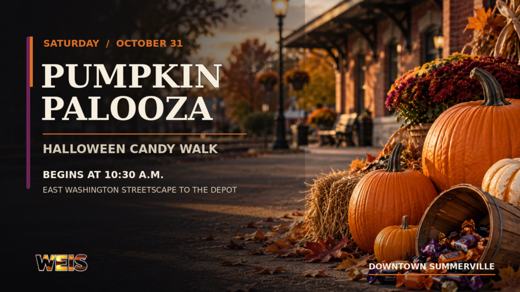 Summerville Pumpkin Palooza and Halloween Candy Walk header featuring pumpkins, candy, and the October 31 event date.