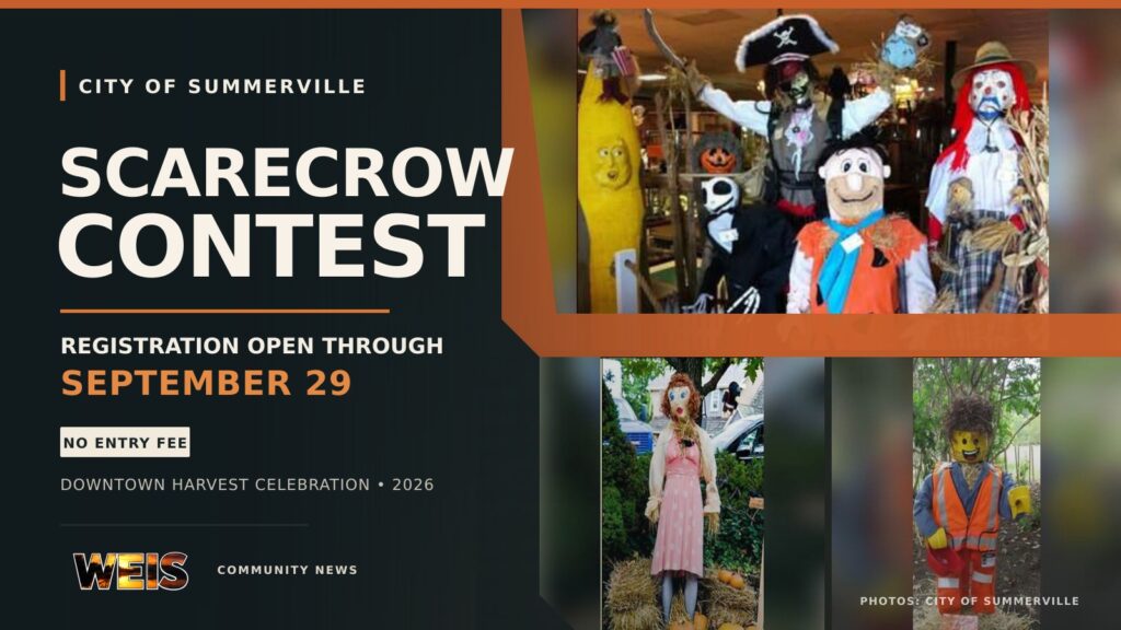 Summerville Scarecrow Contest registration remains open through September 29 for the 2026 downtown harvest celebration.