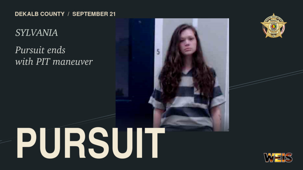Sylvania pursuit news header with Kadence L. Pratt’s booking photo, the DeKalb County sheriff’s badge, and a PIT maneuver headline.