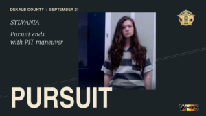 Sylvania pursuit news header with Kadence L. Pratt’s booking photo, the DeKalb County sheriff’s badge, and a PIT maneuver headline.