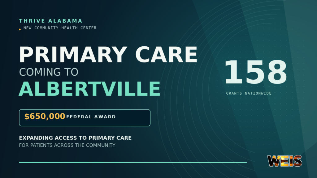 Thrive Alabama Albertville clinic news header announcing expanded primary care and a $650,000 federal award.
