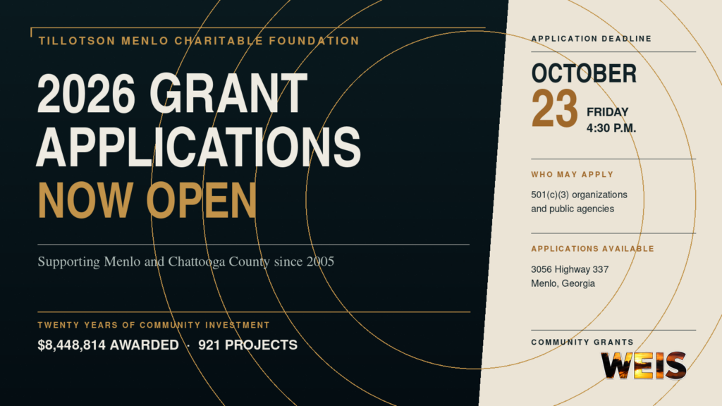 Tillotson Menlo Charitable Foundation 2026 grant applications header featuring the October 23 deadline.