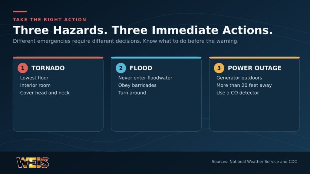Immediate safety actions for tornadoes, flooding, and power outages.