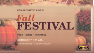 Welcome Baptist Church Fall Festival header with Oct. 17 event details, pumpkins, autumn leaves and subtle WEIS branding.