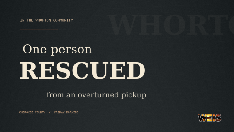 Whorton crash news graphic noting one person rescued from an overturned pickup