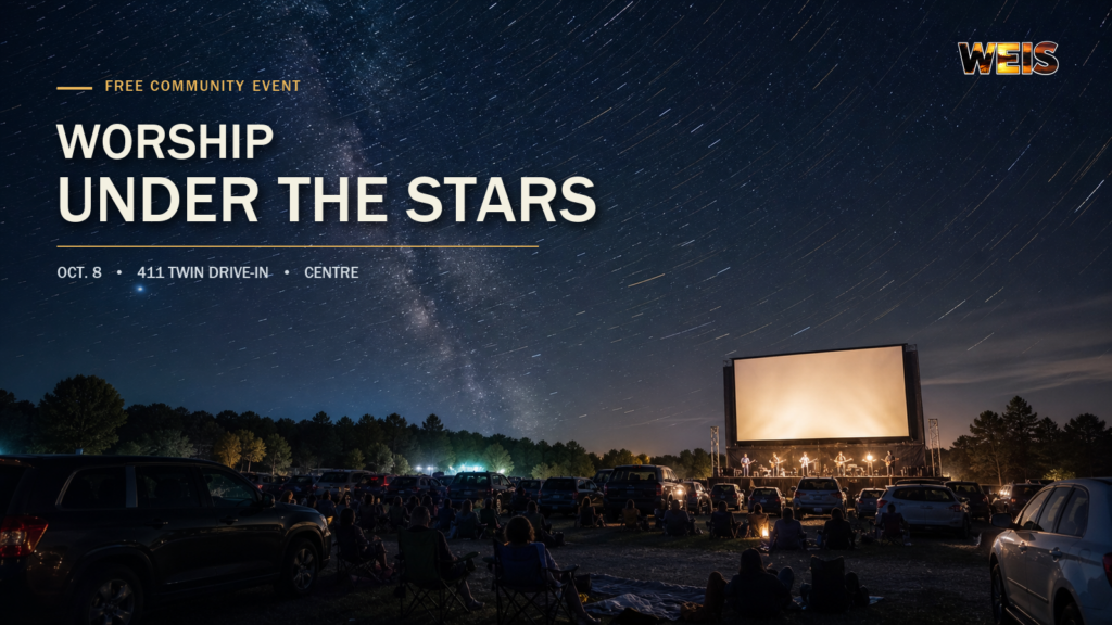 Worship Under the Stars gathering at the 411 Twin Drive-In beneath a star-filled night sky