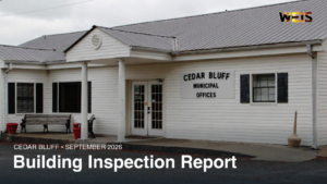 September 2026 Cedar Bluff building inspector report listing permits, business licenses, and enforcement activity.