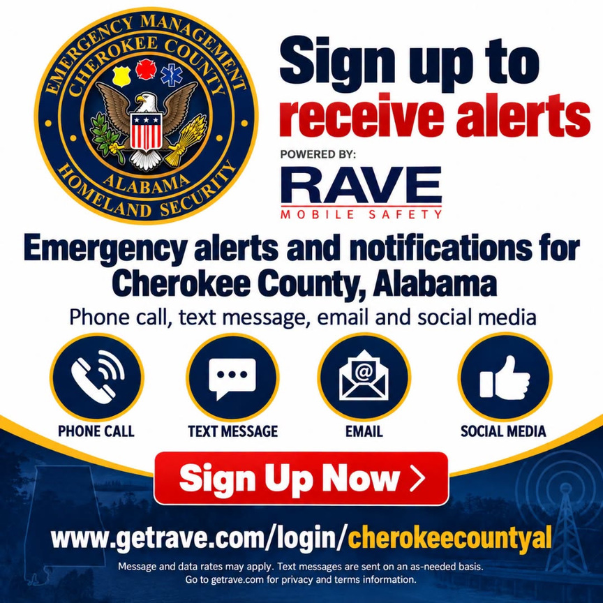 Cherokee County Rave Alert signup flyer with the county EMA seal and icons for phone, text, email, and social media alerts.