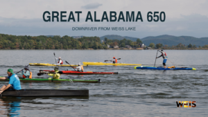 Great Alabama 650 paddlers in kayaks, a canoe, and a stand-up paddleboard on Weiss Lake, with WEIS branding.