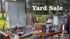 Highway 411 Yard Sale header featuring vintage furniture and household goods with WEIS branding.