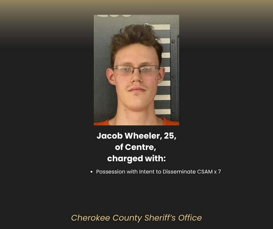 Booking photograph of Jacob Wheeler in a sheriff’s office graphic listing seven possession with intent to disseminate CSAM charges.