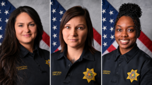 Calhoun County Corrections Bureau officers Cali Triplett, Jesica Fleming, and Brittany Johnson following their promotions to corrections sergeant