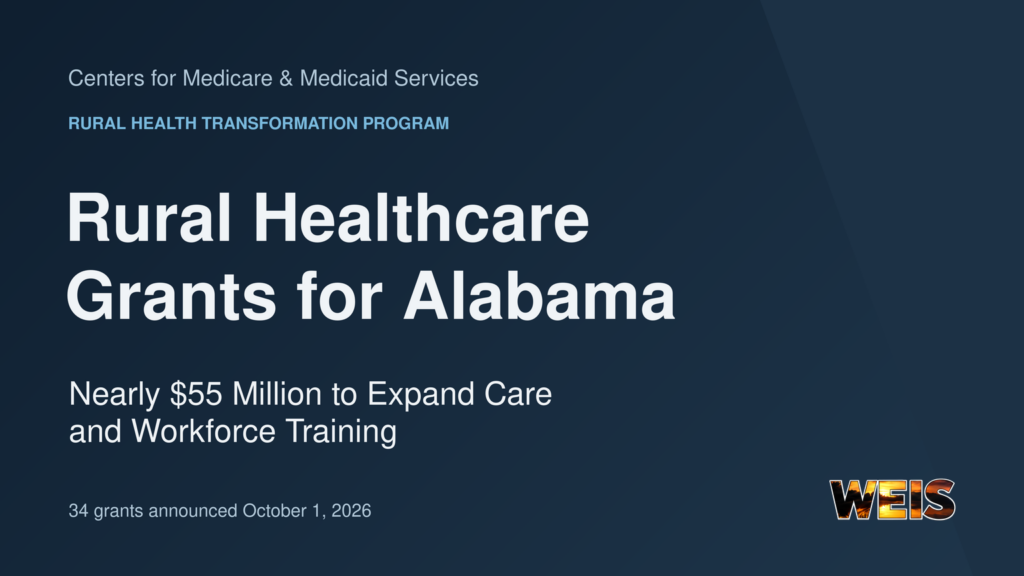 WEIS header announcing nearly $55 million in rural healthcare grants for Alabama care and workforce training.