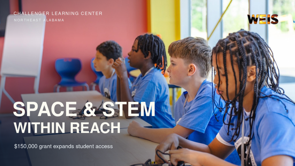Students take part in hands-on STEM learning in a Challenger Learning Center grant news header with WEIS branding.