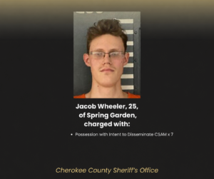 Booking photograph of Jacob Wheeler in a sheriff’s office graphic listing seven possession with intent to disseminate CSAM charges.