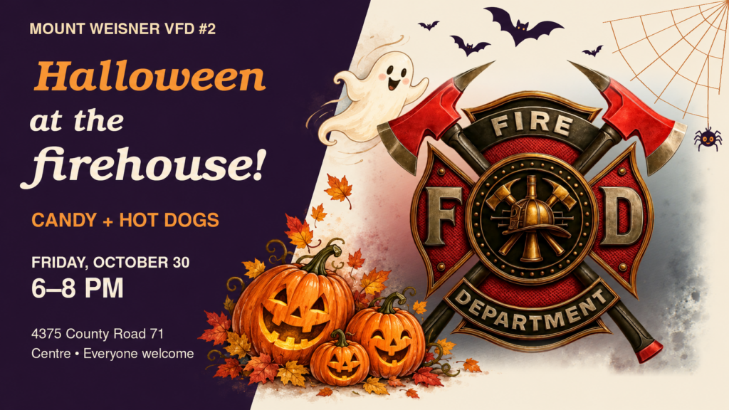 Mount Weisner Volunteer Fire Department emblem with Halloween lettering promoting candy and hot dogs October 30 from 6 to 8 p.m. at Station 2.