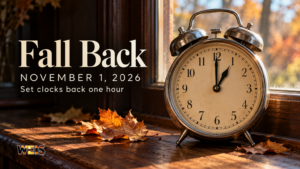 Daylight saving time illustration with an autumn clock and November 1, 2026, reminder to set clocks back one hour.