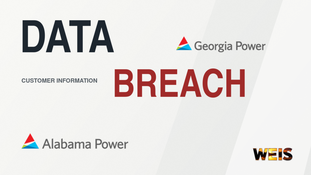 Alabama Power and Georgia Power data breach header with official utility logos, red and charcoal lettering, and WEIS branding.