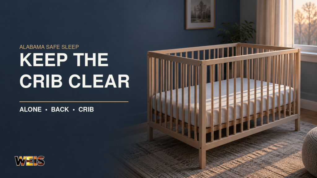 Illustrated Alabama safe sleep news header showing an empty crib with a fitted sheet and the words Keep the Crib Clear.