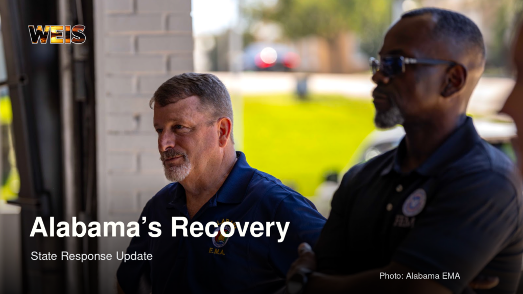 Alabama EMA photograph in a storm recovery header reading Alabama’s Recovery and State Response Update.
