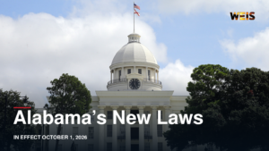 Alabama State Capitol beneath U.S. and Alabama flags, with a headline about new Alabama laws taking effect October 1, 2026.