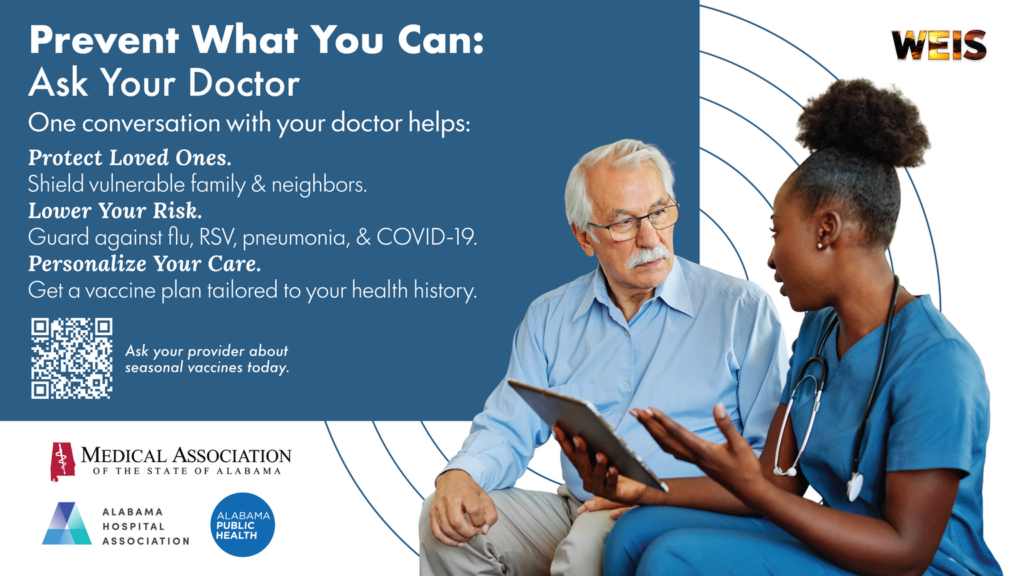 Alabama seasonal vaccines campaign graphic showing an older patient speaking with a healthcare provider beside “Prevent What You Can: Ask Your Doctor.”