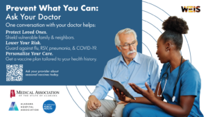 Alabama seasonal vaccines campaign graphic showing an older patient speaking with a healthcare provider beside “Prevent What You Can: Ask Your Doctor.”