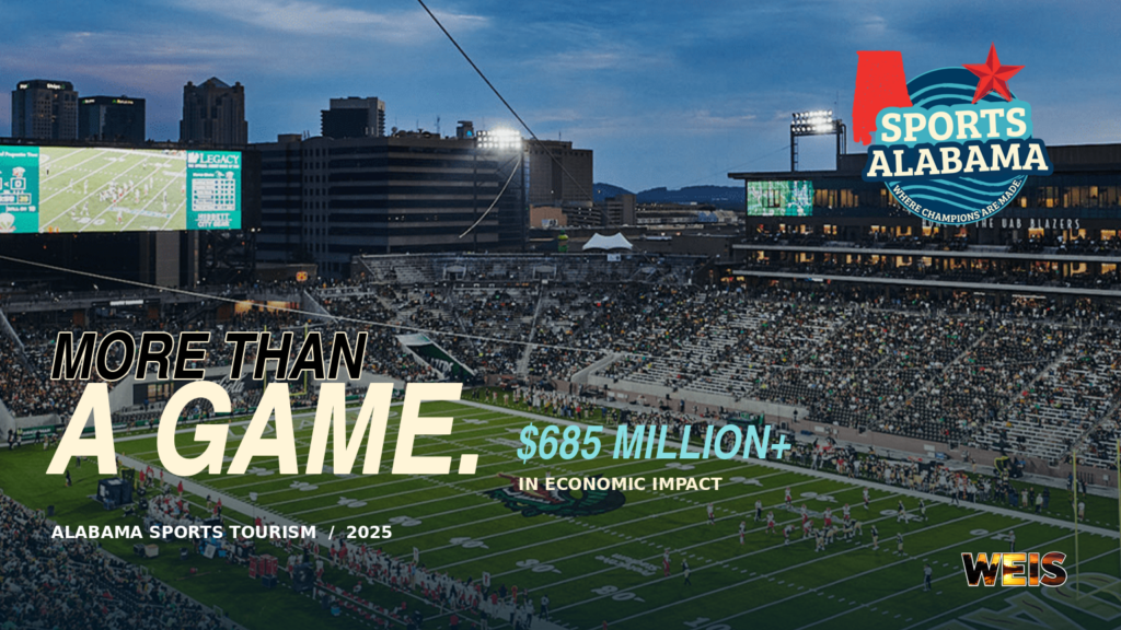 Sports Alabama’s new logo over an official photograph of Protective Stadium, with an Alabama sports tourism headline.