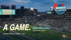 Sports Alabama’s new logo over an official photograph of Protective Stadium, with an Alabama sports tourism headline.