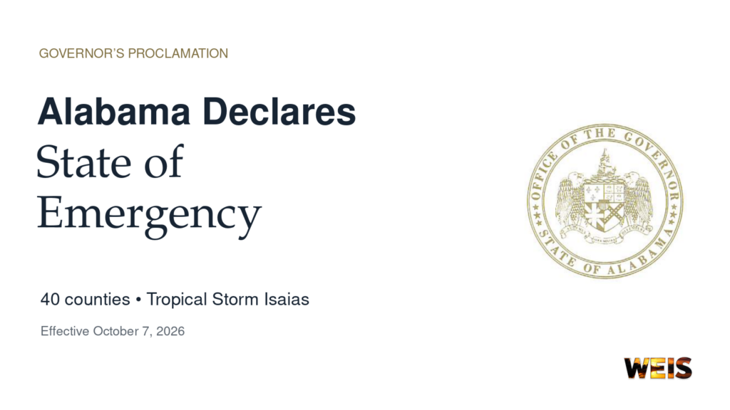 Alabama state of emergency header featuring the governor’s seal and notice of the 40-county Isaias proclamation.