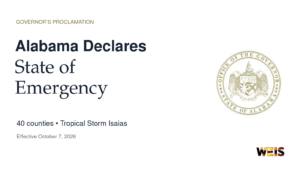 Alabama state of emergency header featuring the governor’s seal and notice of the 40-county Isaias proclamation.