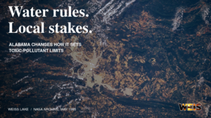 Alabama water rules header with a NASA archival photograph of Weiss Lake, the headline Water rules. Local stakes., and WEIS branding.