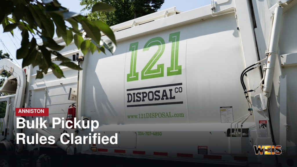 Anniston bulk pickup guidelines news header featuring a 121 Disposal collection truck with a red Anniston label and white headline.