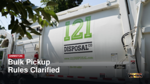 Anniston bulk pickup guidelines news header featuring a 121 Disposal collection truck with a red Anniston label and white headline.