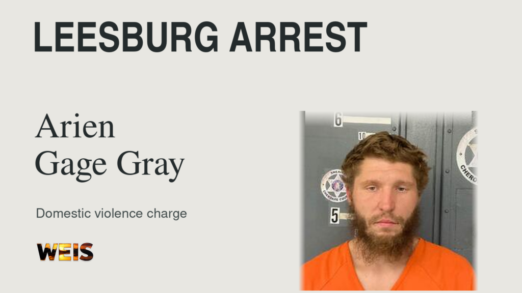 Arien Gage Gray booking photo in a WEIS header reading “Leesburg Arrest” and “Domestic violence charge.”