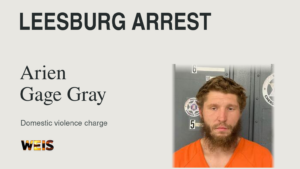 Arien Gage Gray booking photo in a WEIS header reading “Leesburg Arrest” and “Domestic violence charge.”