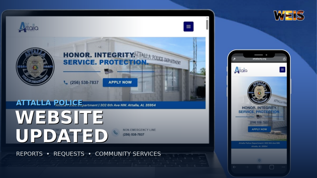 Attalla Police website update shown on laptop and mobile screens with WEIS news branding