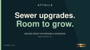 Attalla sewer upgrades news graphic reading “Sewer upgrades. Room to grow.” with a $500,000 grant announcement and WEIS branding.