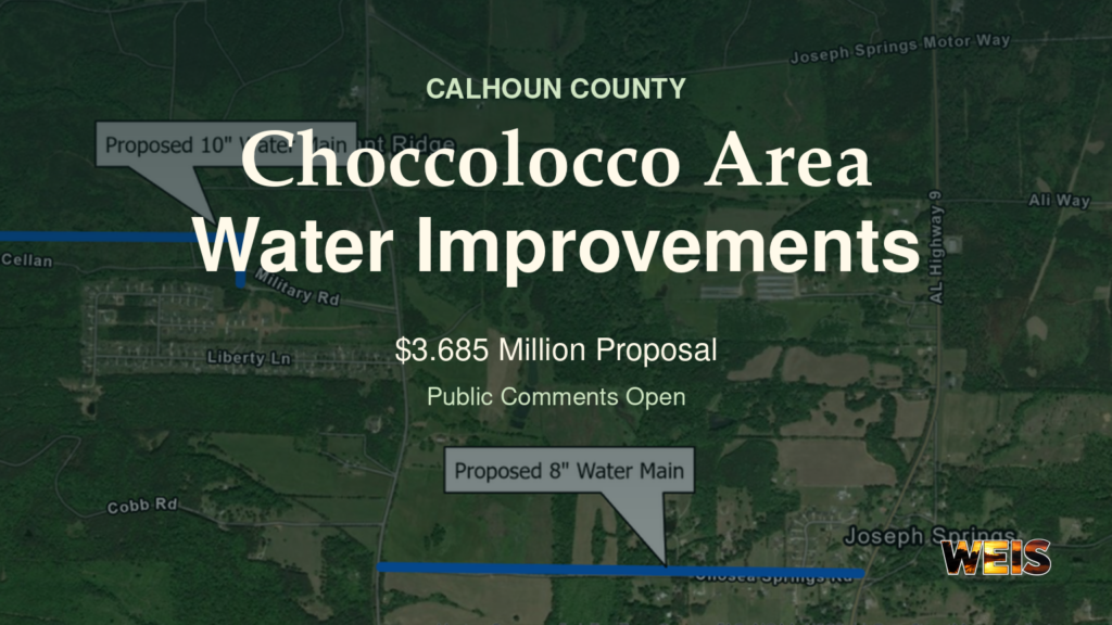Calhoun County water project header with an official Choccolocco area aerial project map and WEIS branding.