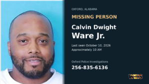 Missing person Calvin Dwight Ware Jr. of Oxford, Alabama, with Oxford Police contact information