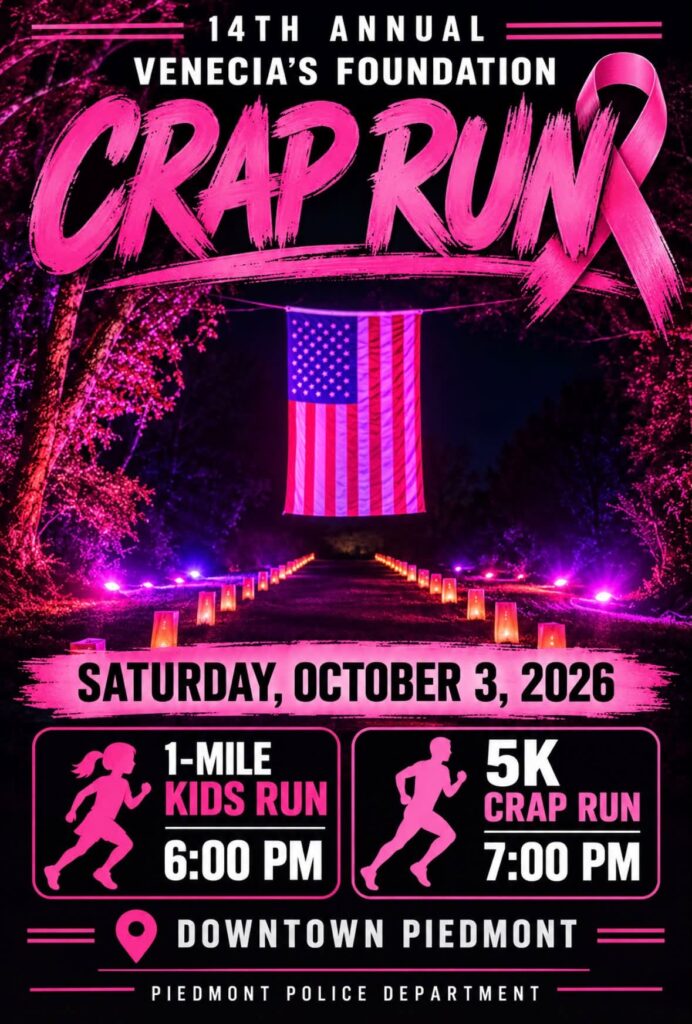 Piedmont road closures header for the 14th Annual CRAP RUN on Saturday, October 3, with WEIS branding.
