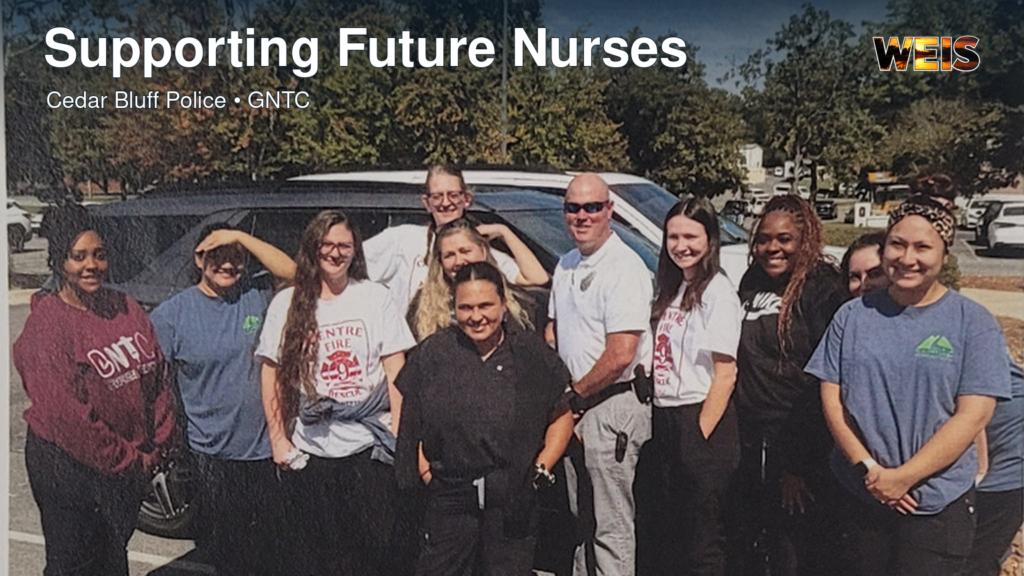 GNTC nursing students with Cedar Bluff Police Chief Jeremy Stepps in a Supporting Future Nurses news header.
