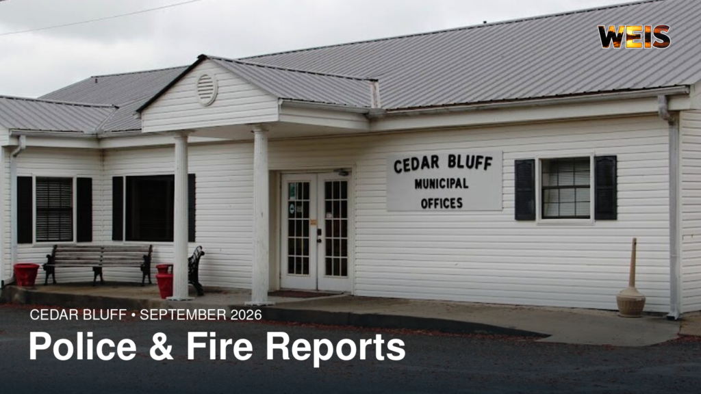 Cedar Bluff Municipal Offices in a September 2026 police and fire reports news header with WEIS branding.